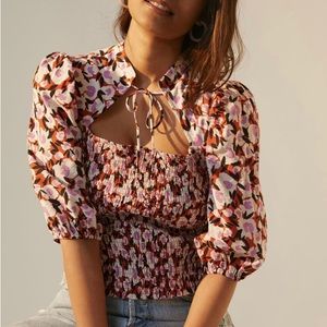 Anthropologie Maeve large too vintage 40s style stretchy puff sleeve flowers